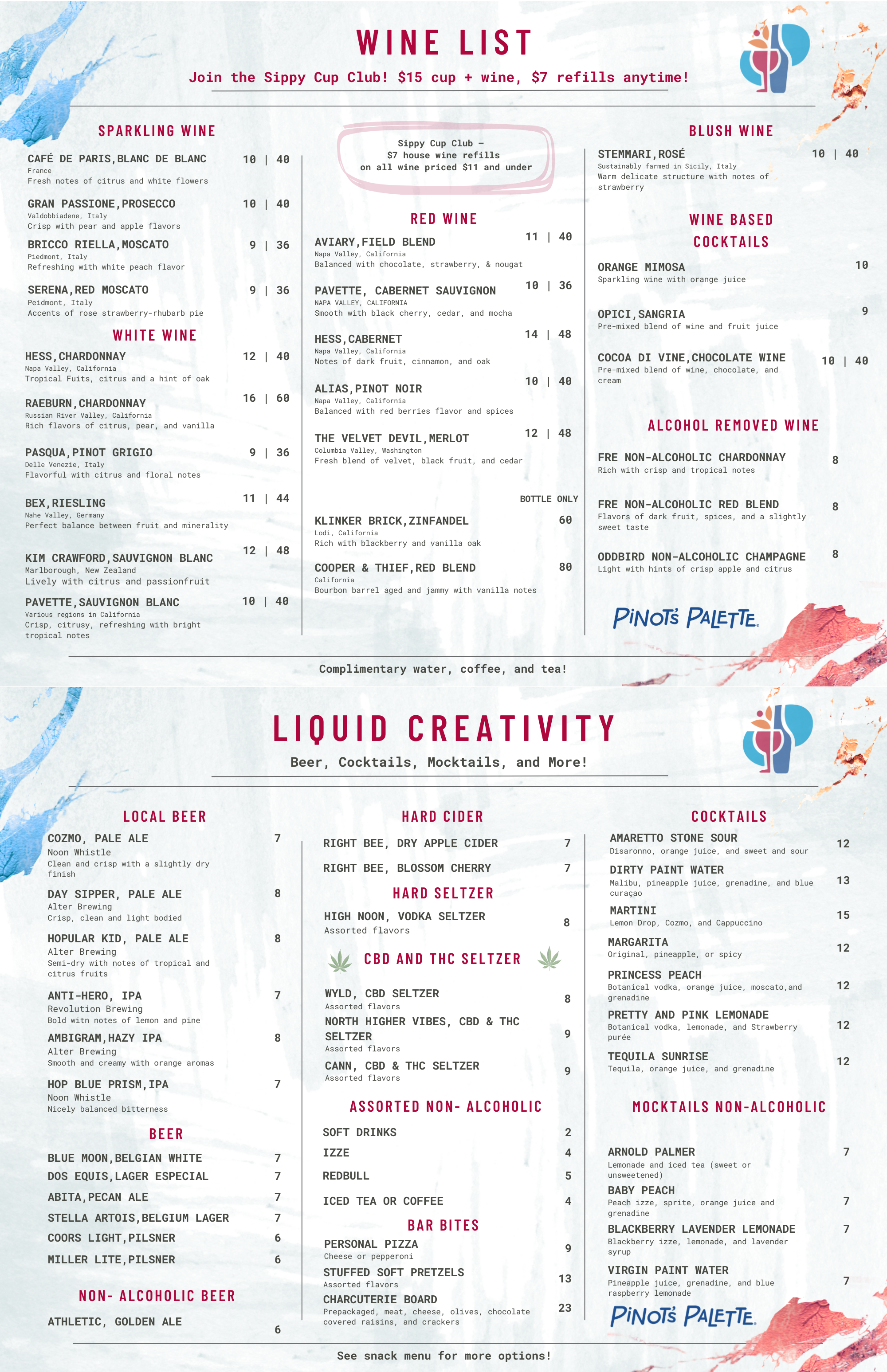 Pinot's Palette Naperville Wine, Beer and Cocktail Menu